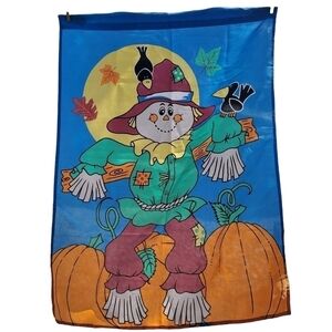 Vtg Large Scarecrow pumpkin Fall Halloween Crows outdoor yard decorative Flag